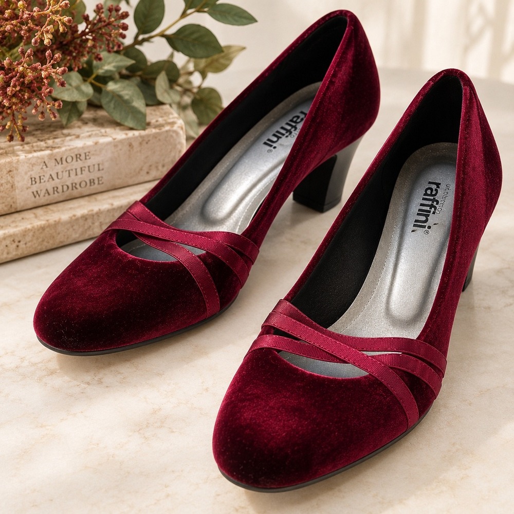 Umberto Raffini Neena Burgundy Velvet Block Heel Pumps Size 41 US 10 Holiday